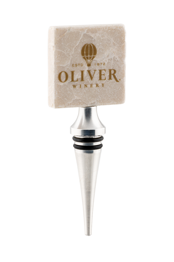 This elegant marble wine bottle stopper features the Oliver Winery logo.