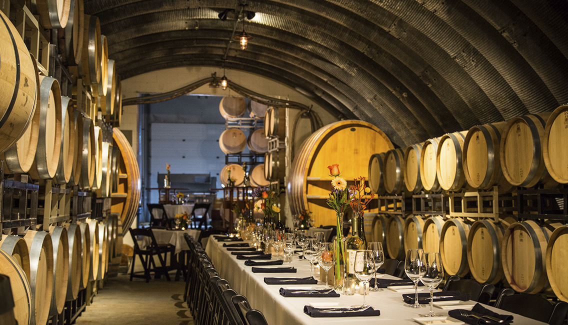 Oak barrels create a unique ambiance in our cellar event space.