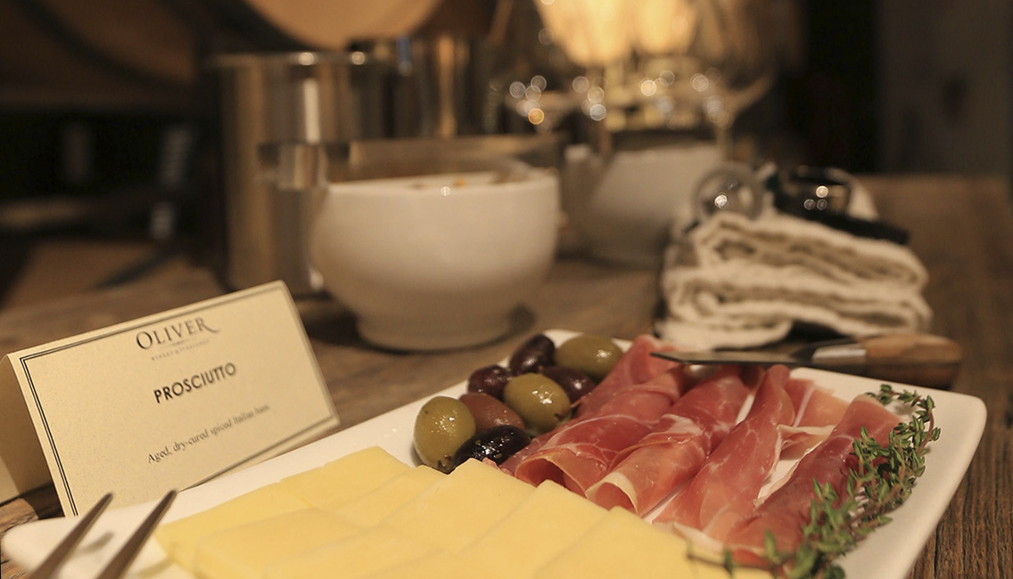 A delicious spread awaits event guests in the timber-frame tasting room.