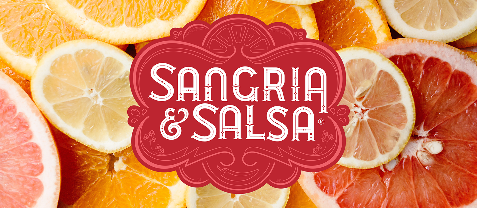 Sliced citrus, with "Sangria & Salsa" icon, to showcase Sangria and Salsa flights available at Oliver Winery every weekend in July.