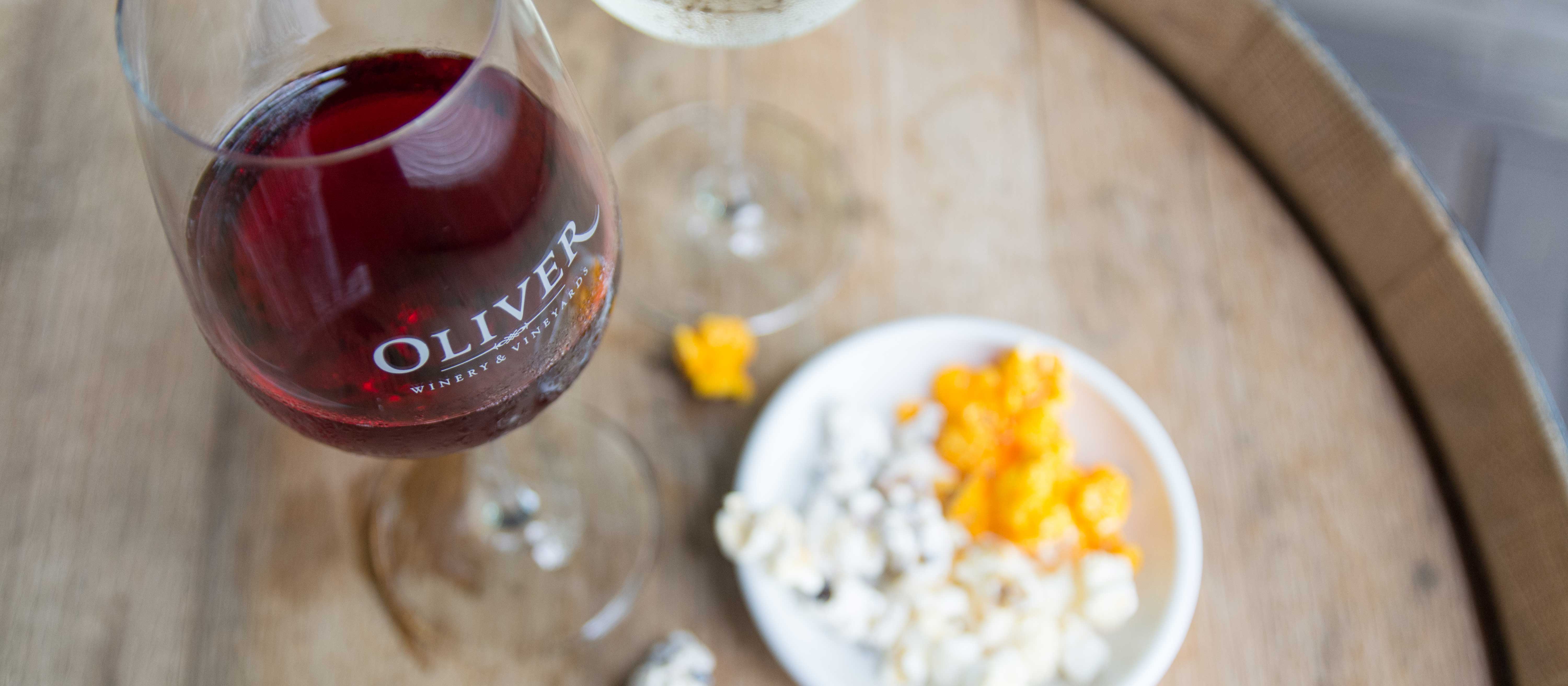 Three gourmet flavored popcorn options, paired with Oliver Winery wines
