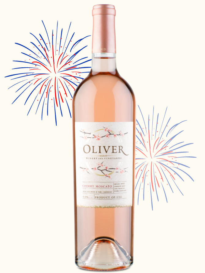 Cherry Moscato by Oliver Winery with firework graphics
