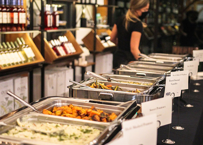 Rehearsal dinner set-up buffet-style for guests.