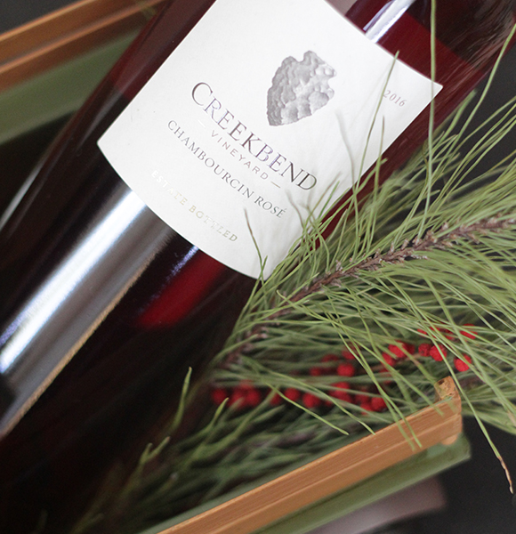 Creekbend Chambourcin Rosé all dressed up for the holidays.