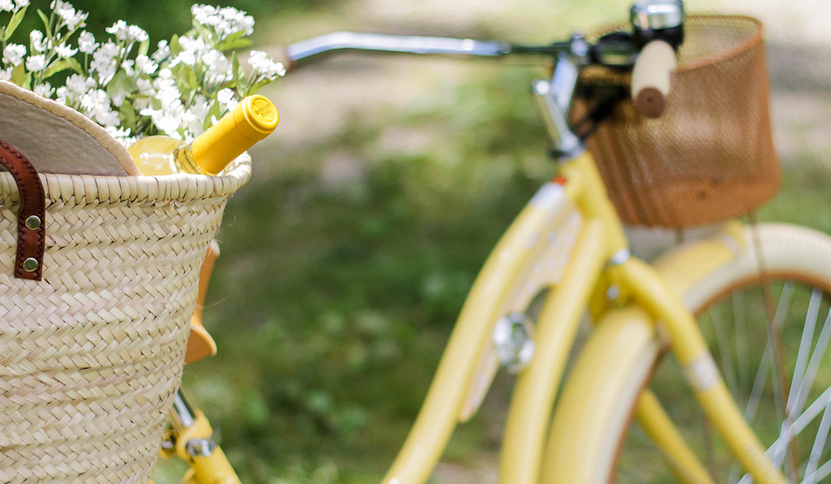 Camelot Mead is packed in a basket on the back of a bicycle, ready for its next adventure.