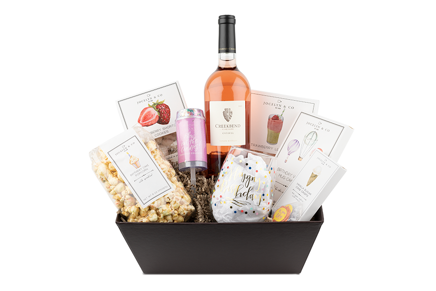 Oliver Birthday Basket with semi-sweet Catawba and celebratory snacks