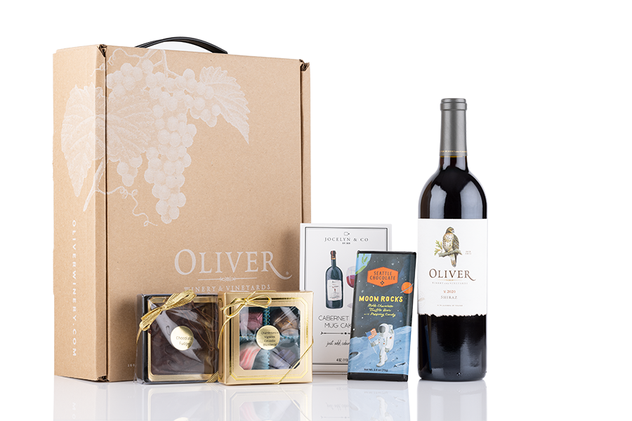 Oliver Winery Shiraz and fine chocolates are included in this wine and chocolate gift box.