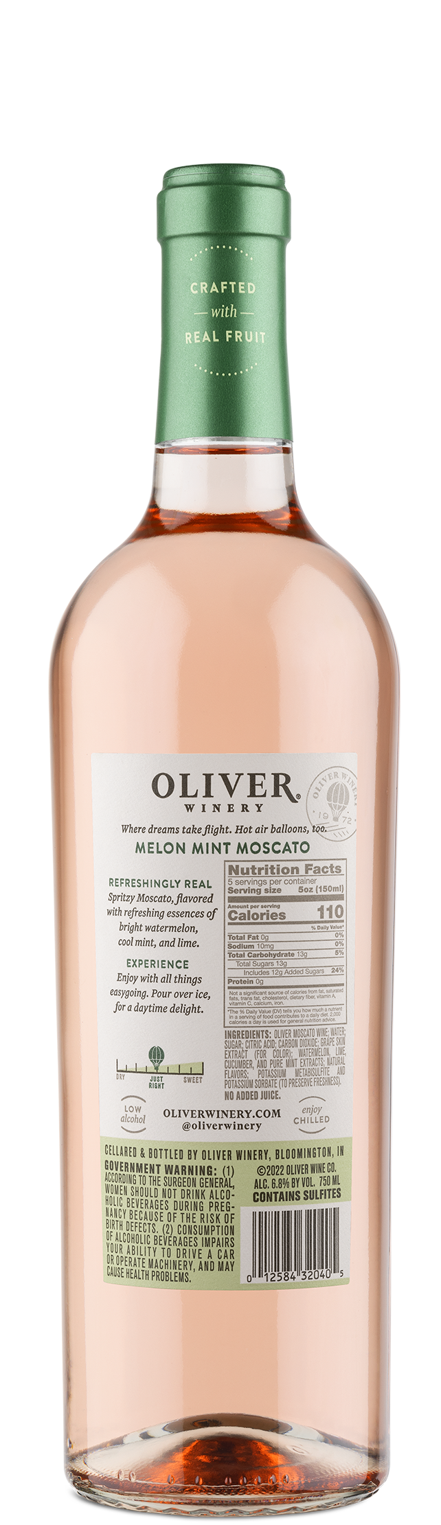 Melon Mint Moscato, new from Oliver Winery, is a low alcohol wine with natural fruit flavors and extracts. 