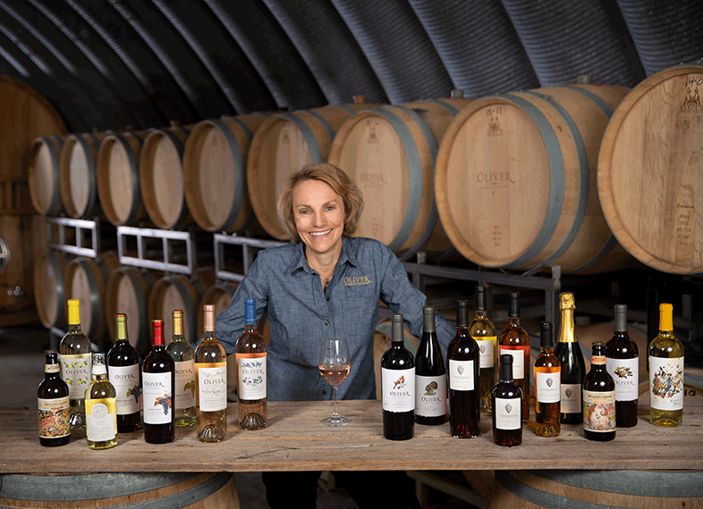 Oliver Winery CEO Julie Adams in the tasting room cellar.