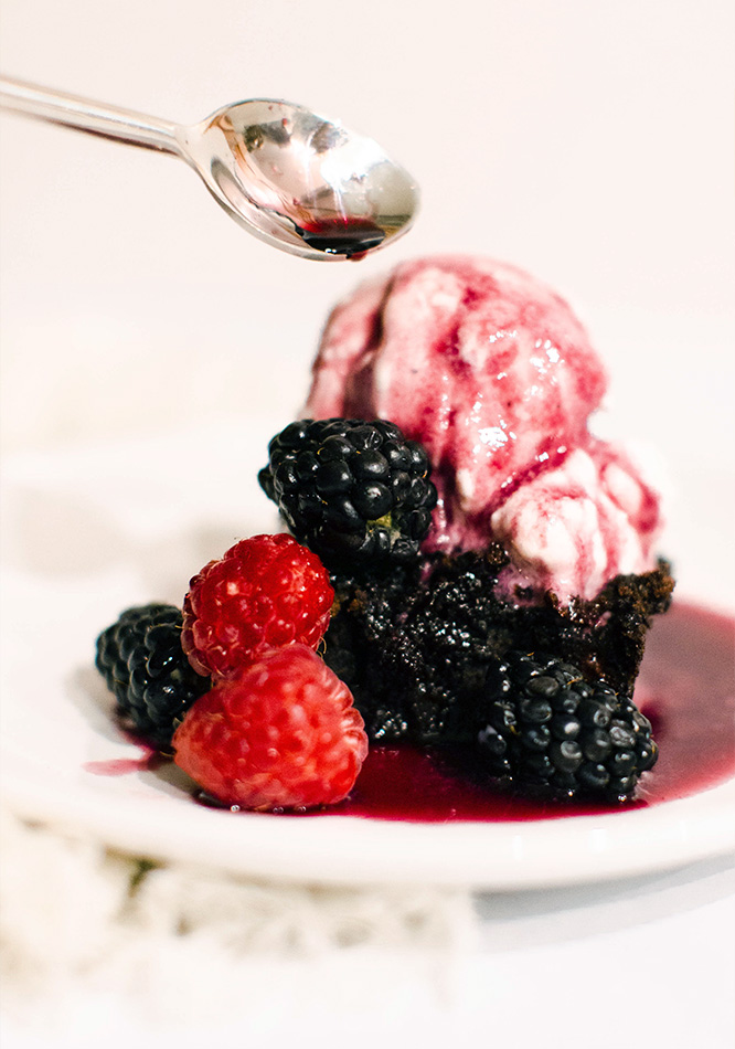 Brownie with Icecream topped with Berry Blend Reduction
