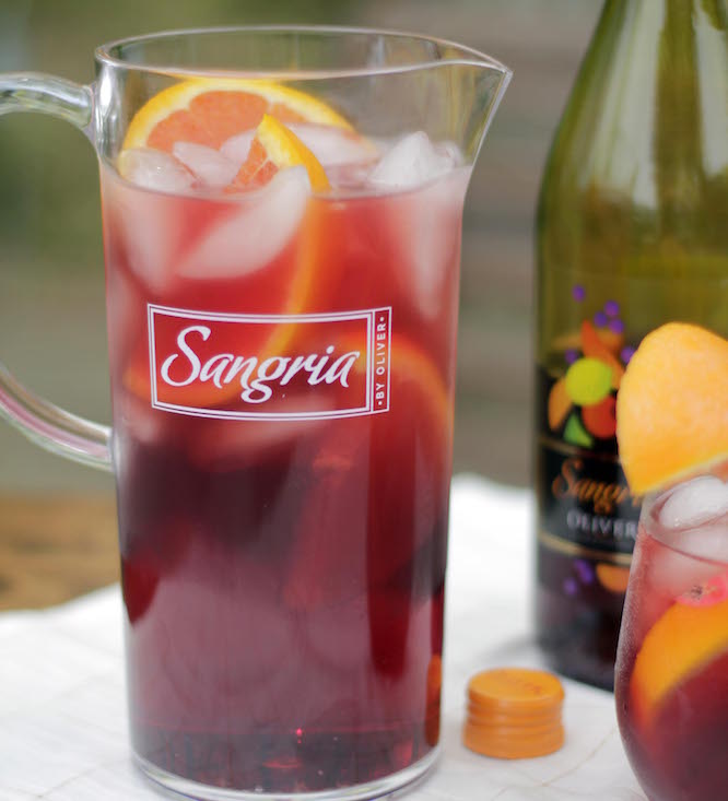 Sangria Classic in a Sangria by Oliver pitcher ready to drink with fruit.