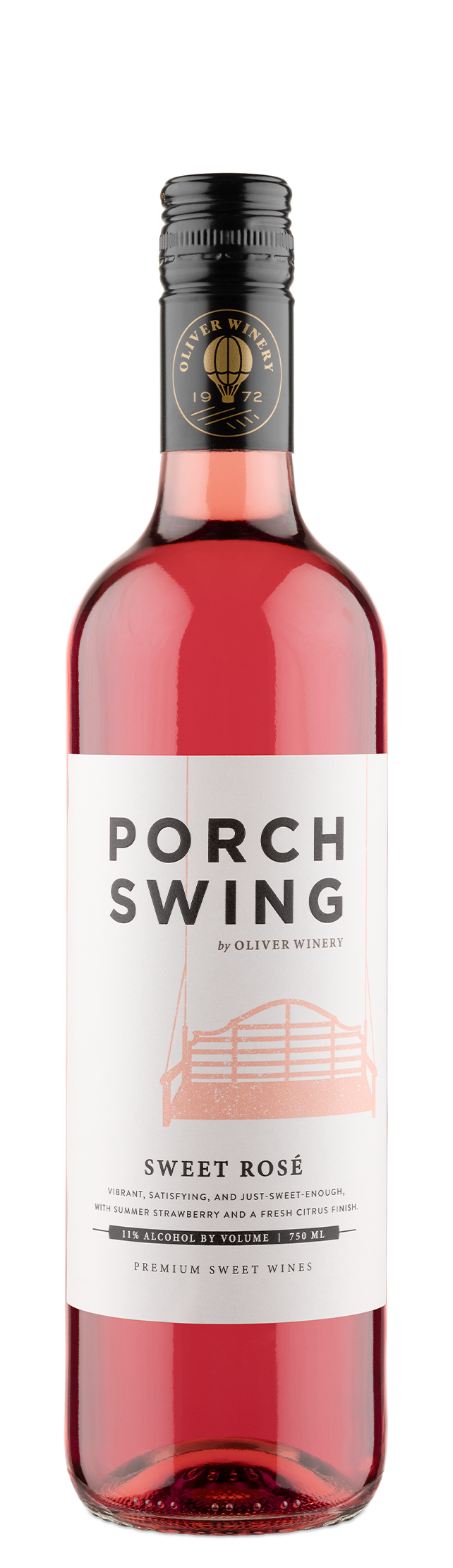 Porch Swing Sweet Rosé bottle | Bold, sunset-pink wine, with a black screwcap and white label with a pink porch swing