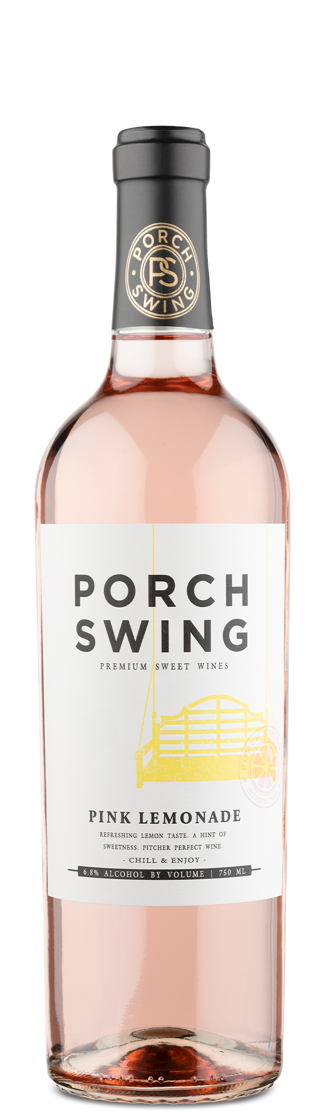 Porch Swing Pink Lemonade Bottle Front | Light pink wine, white and black labels with a yellow porch swing