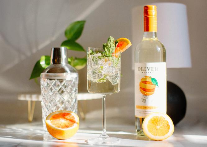 Oliver Winery's Blood Orange Spritz in a Hugo Spritz-inspired cocktail, the GoGo Spritz