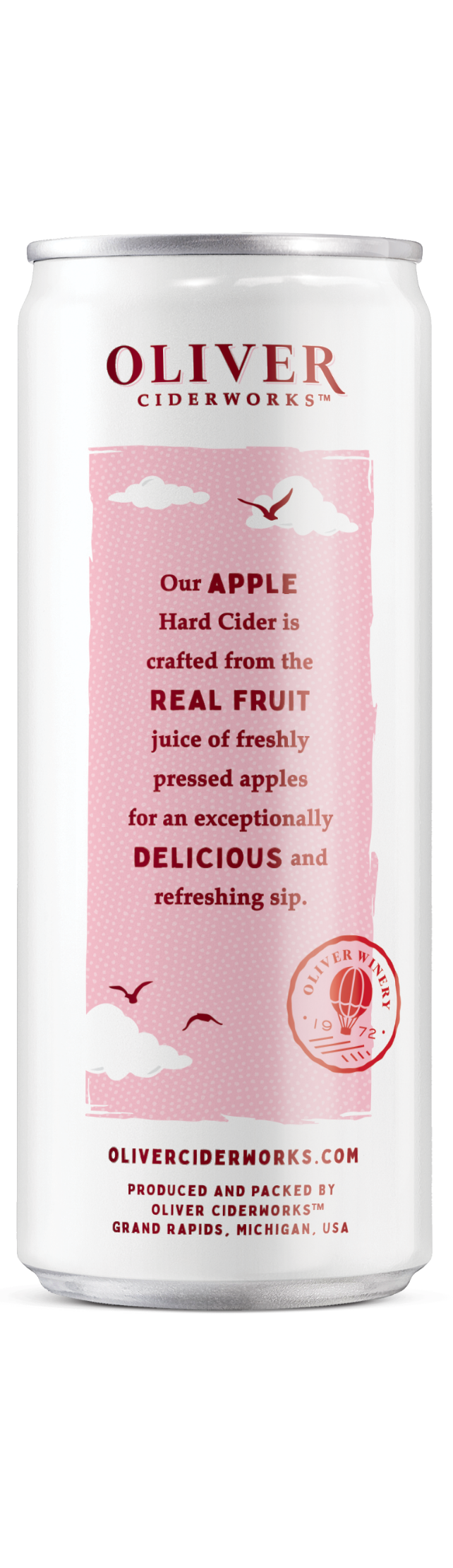 Oliver Ciderworks Apple Hard Cider can back view, a semi-dry hard cider made with real fruit and a crisp, clean finish