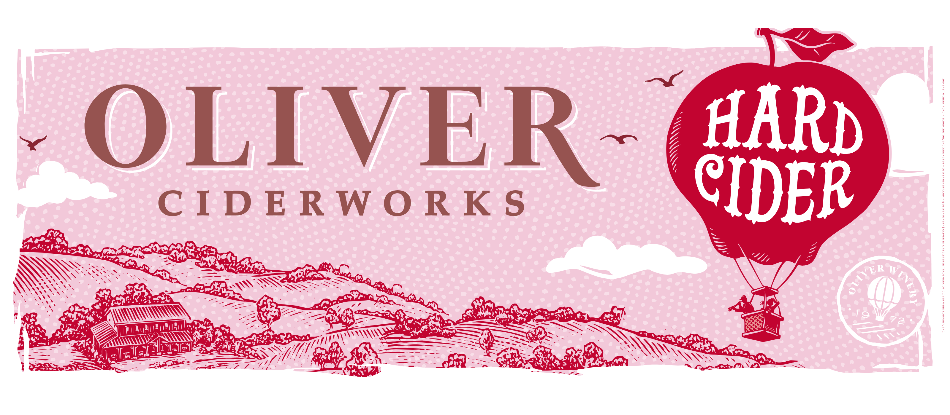 Oliver Ciderworks Apple and Peach hard ciders, illustrated scene with the Oliver Winery tasting room, rolling hills, and an apple-shaped hot air balloon