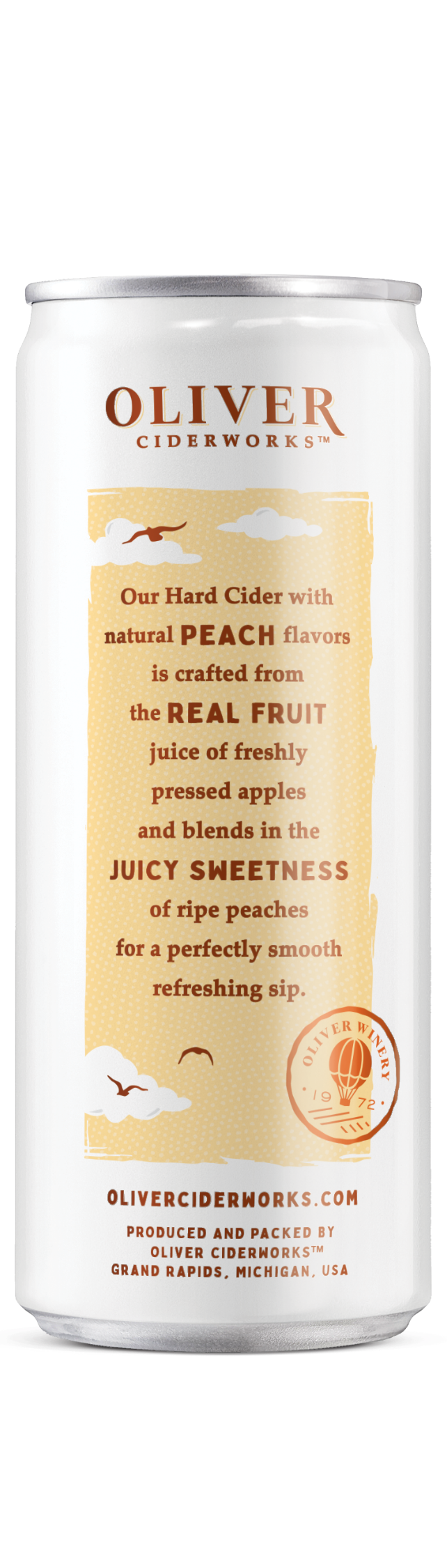 Oliver Ciderworks Peach Hard Cider can back label with tasting notes, a semi-dry hard cider bursting with juicy ripe peach made with freshly pressed apples