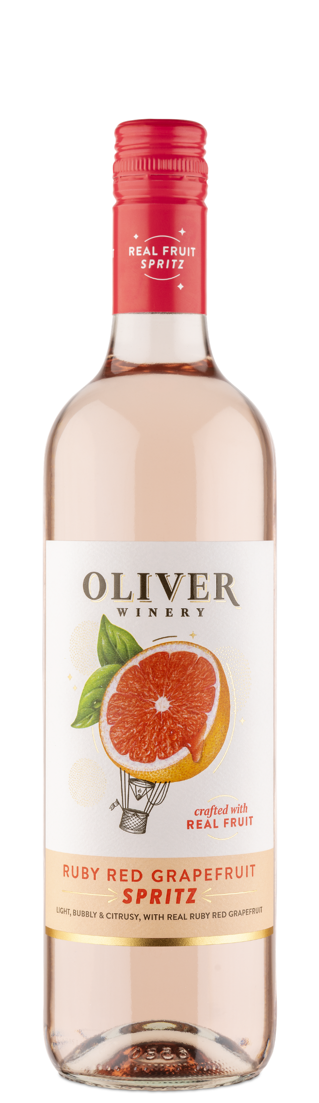 Oliver Winery Ruby Red Grapefruit Spritz bottle featuring an illustrated grapefruit on a white label with a copper cap