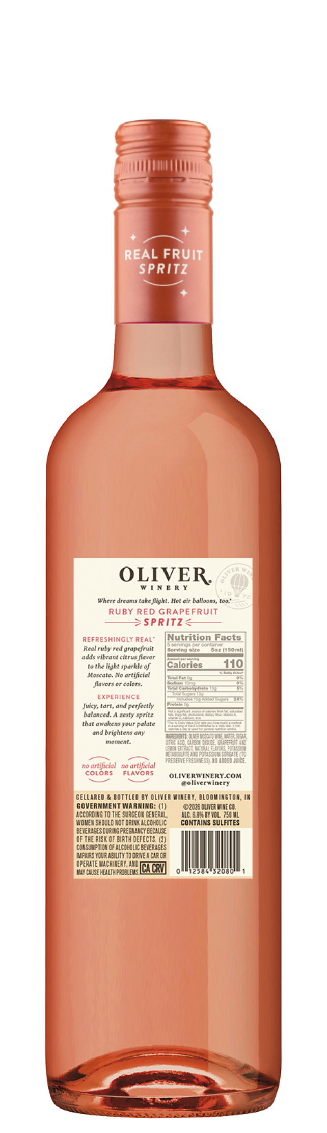 Back label of Oliver Winery Ruby Red Grapefruit Spritz showing tasting notes and serving suggestions