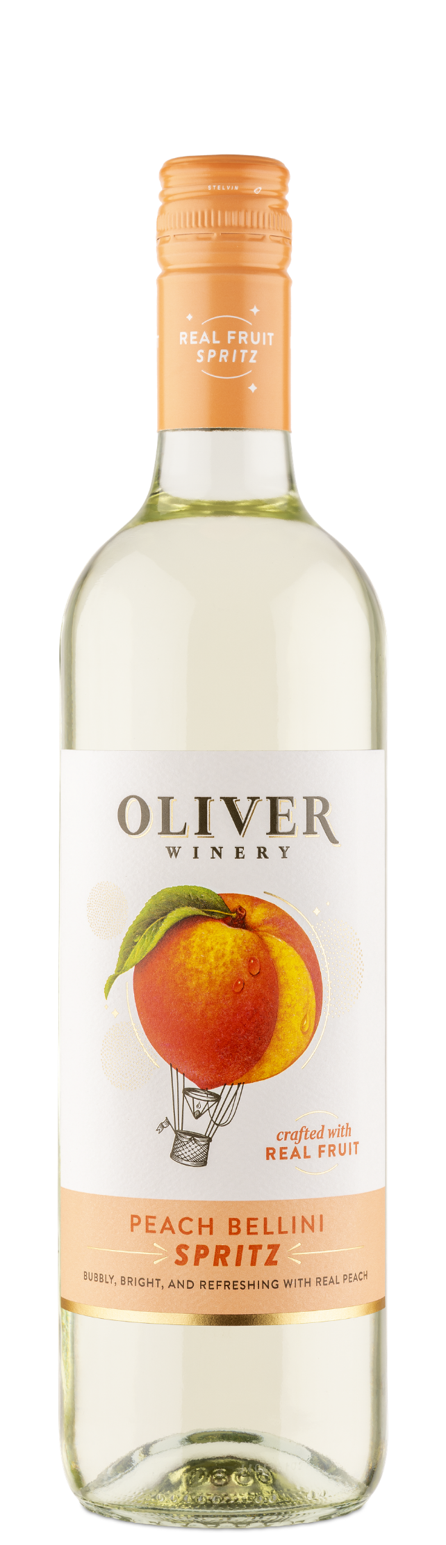 Oliver Winery Peach Bellini Spritz bottle featuring an illustrated peach on a white label with a warm gold cap