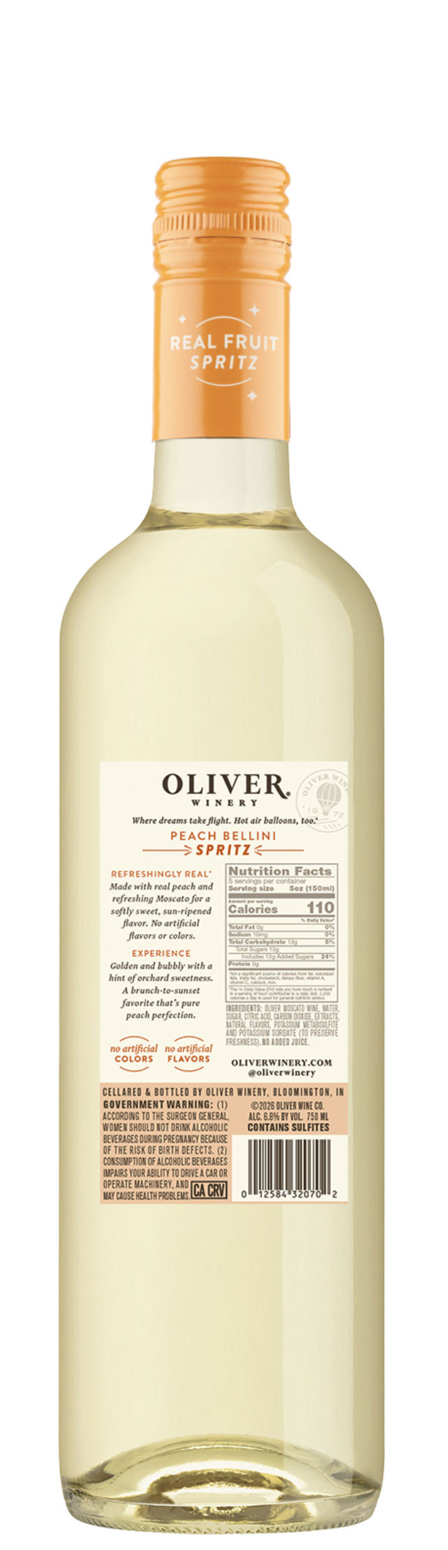Back label of Oliver Winery Peach Bellini Spritz showing tasting notes, pairings, and serving suggestions