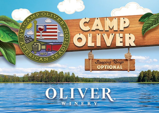 Camp Oliver Banner Lake with Trees Sleeping Bags Option Sign