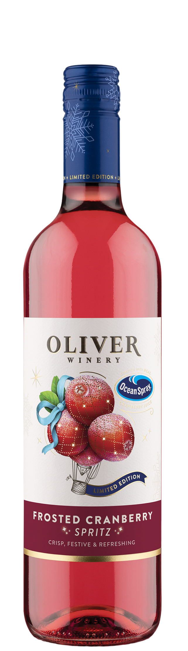 Front of a Frosted Cranberry Spritz bottle from Oliver Winery, a pink sparkling wine with a white label featuring red cranberries, a blue ribbon, and the Ocean Spray logo.