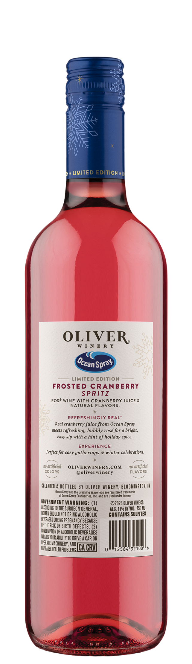 Back of a Frosted Cranberry Spritz bottle from Oliver Winery, showing the back label with product details.