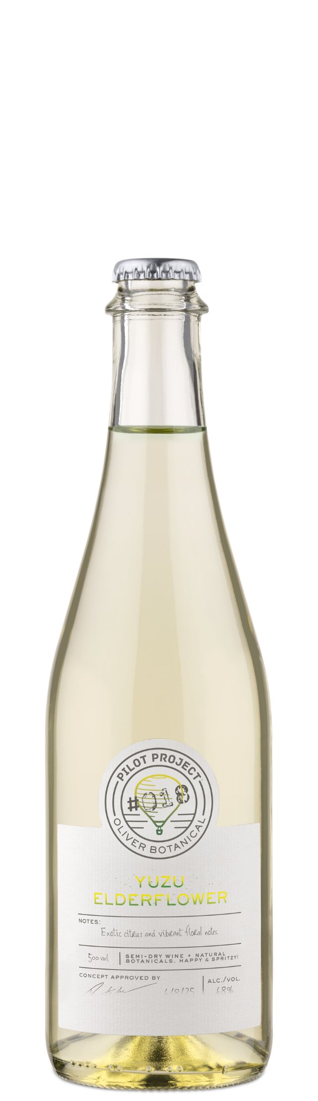 Clear bottle of Oliver Winery Pilot Project #018 Yuzu Elderflower Spritz with a white label and yellow-green lettering