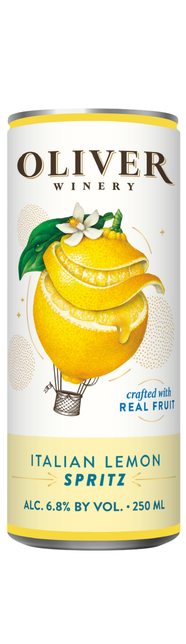 Oliver Winery Italian Lemon Spritz 250ml can with a lemon and hot air balloon illustration