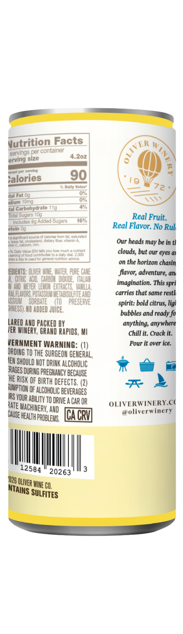 Back of Oliver Winery Italian Lemon Spritz 250ml can with product details