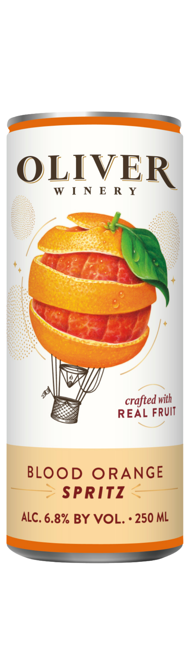 Oliver Winery Blood Orange Spritz 250ml can with a sliced blood orange and hot air balloon illustration