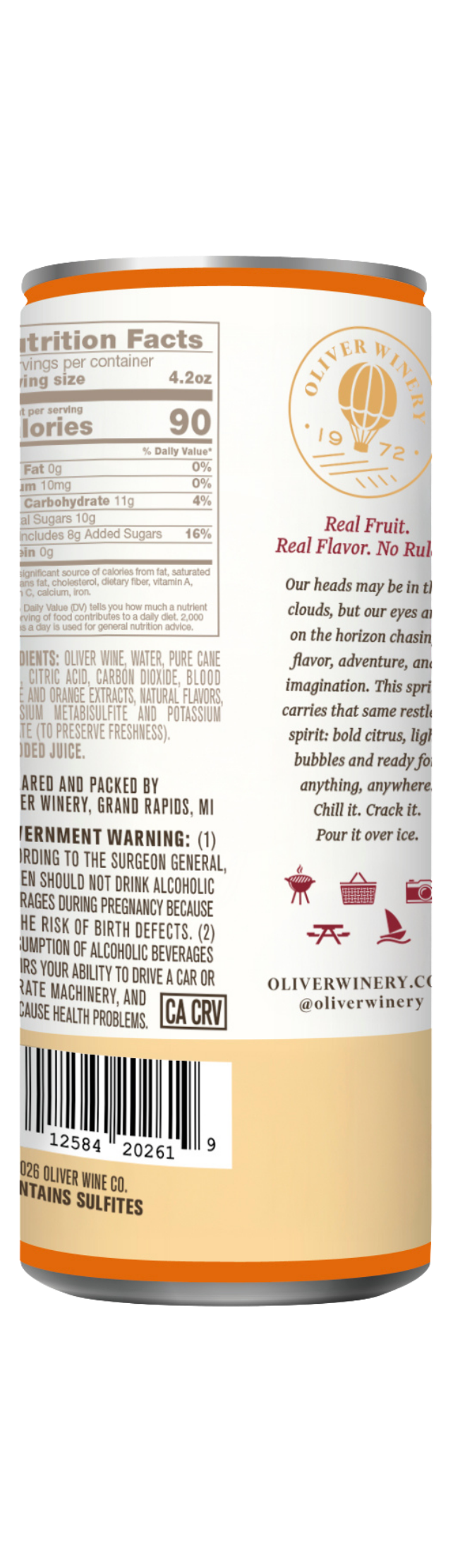 Back of Oliver Winery Blood Orange Spritz 250ml can with product details