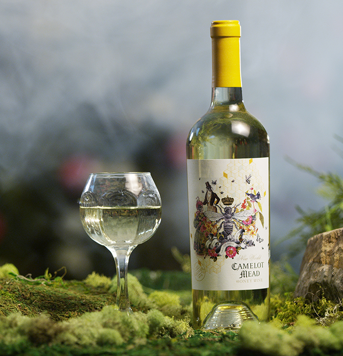 Oliver Winery Camelot Mead in an enchanted garden setting.