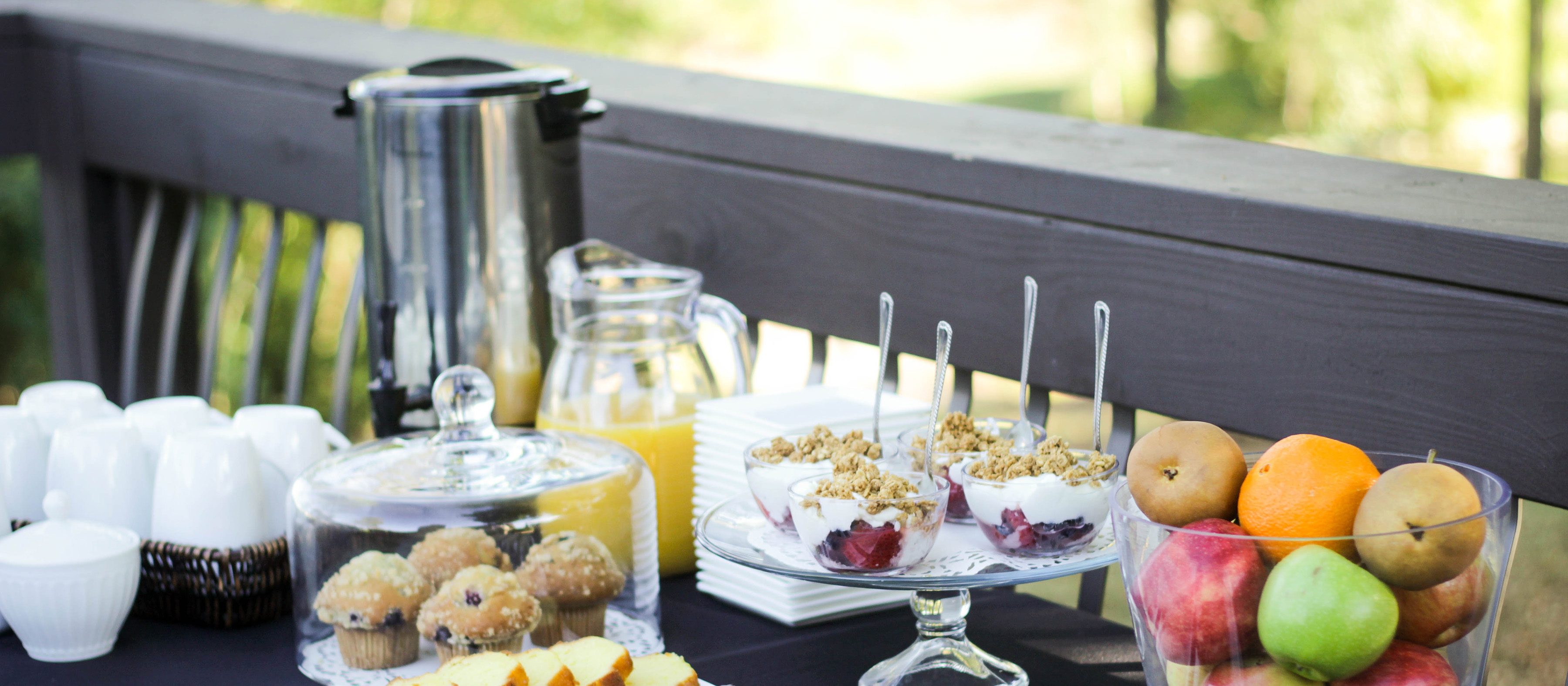 Juice, coffee, and light breakfast spread during Music & Mimosas event at Oliver Winery